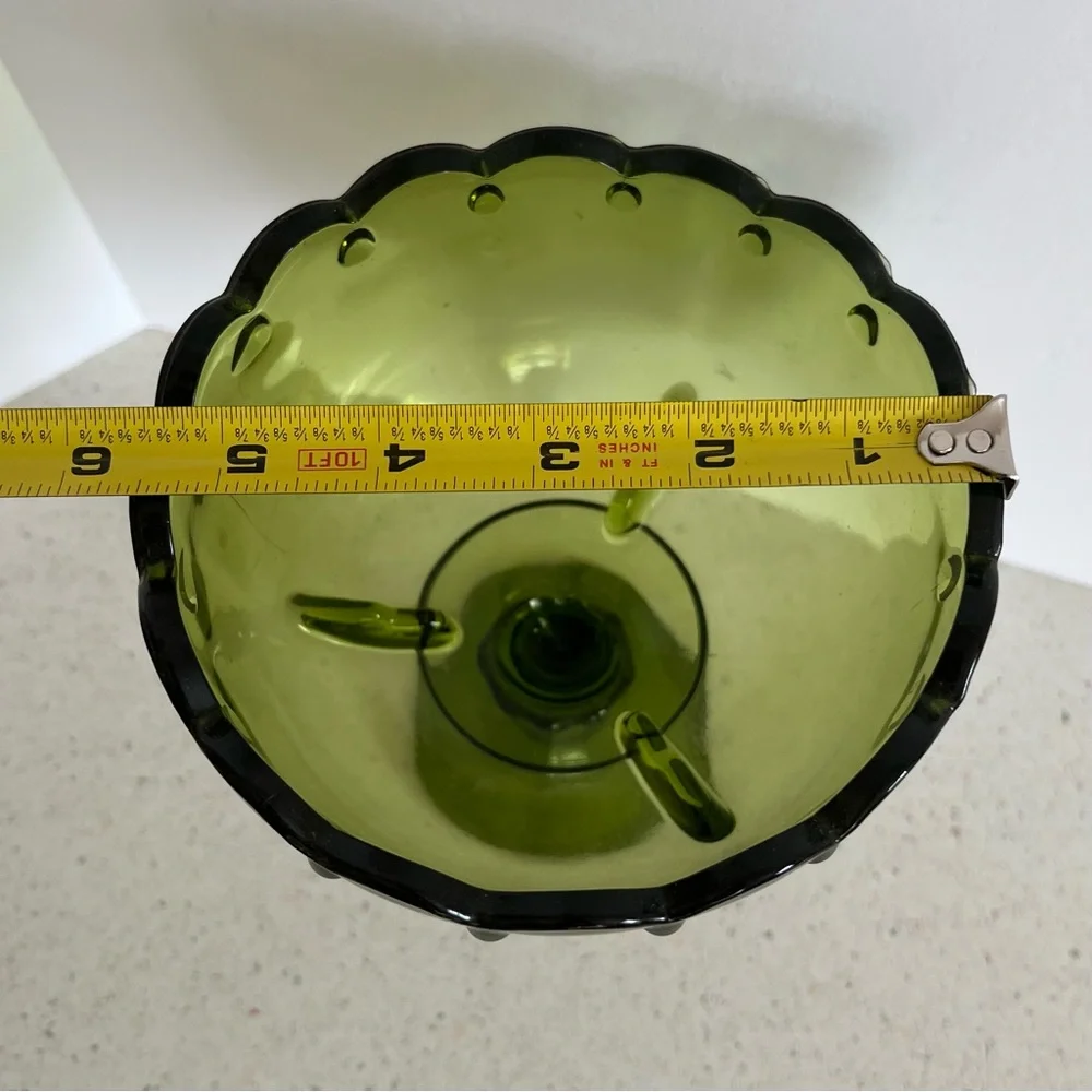 Vintage Pedestal Olive Green Indiana Glass Compote Candy Dish Bowl 7.5” X 5.5”